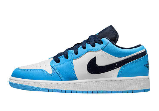 Big Kid's Jordan 1 Low "UNC" White/Dk Powder Blue-Obsidian (553560 144)